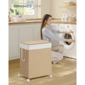 Skittentøyskurv 100 L med 2 rom, avtakbar tøysekk og hjul – natur/beige