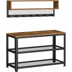 Entrémøbelsett i vintage brun – hattehylle med klesstativ og sittebenk