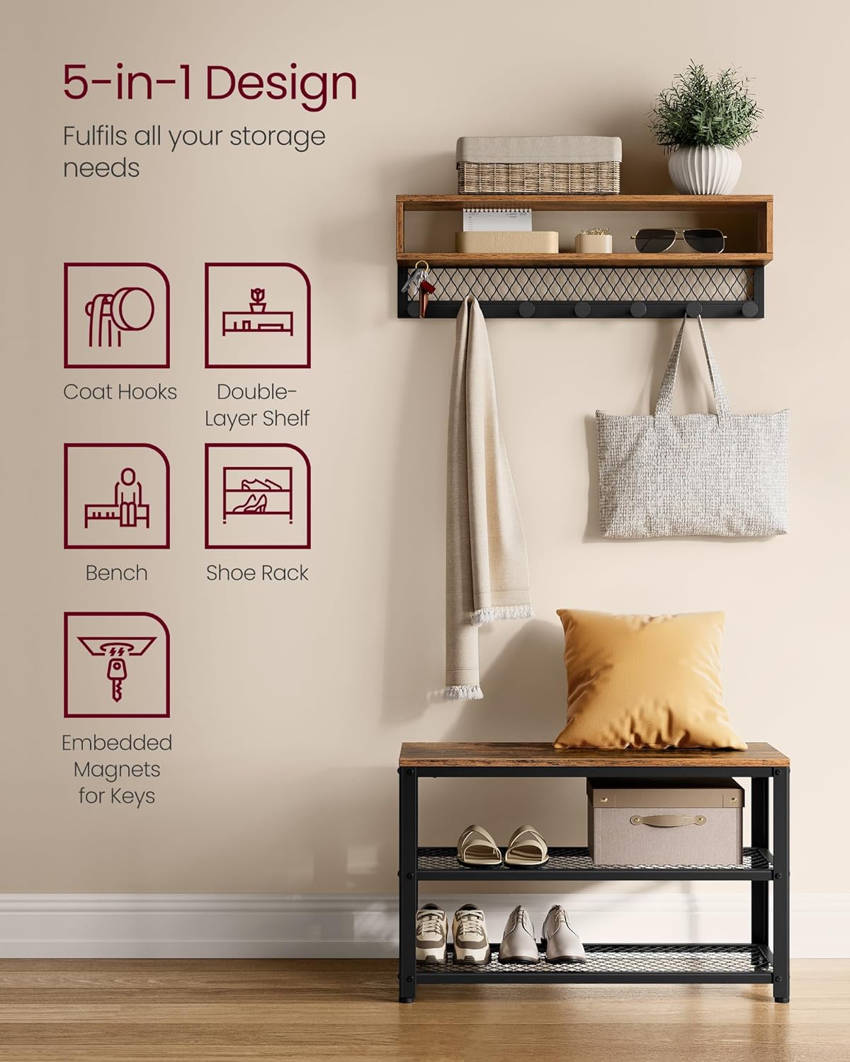 Entrémøbelsett i vintage brun – hattehylle med klesstativ og sittebenk