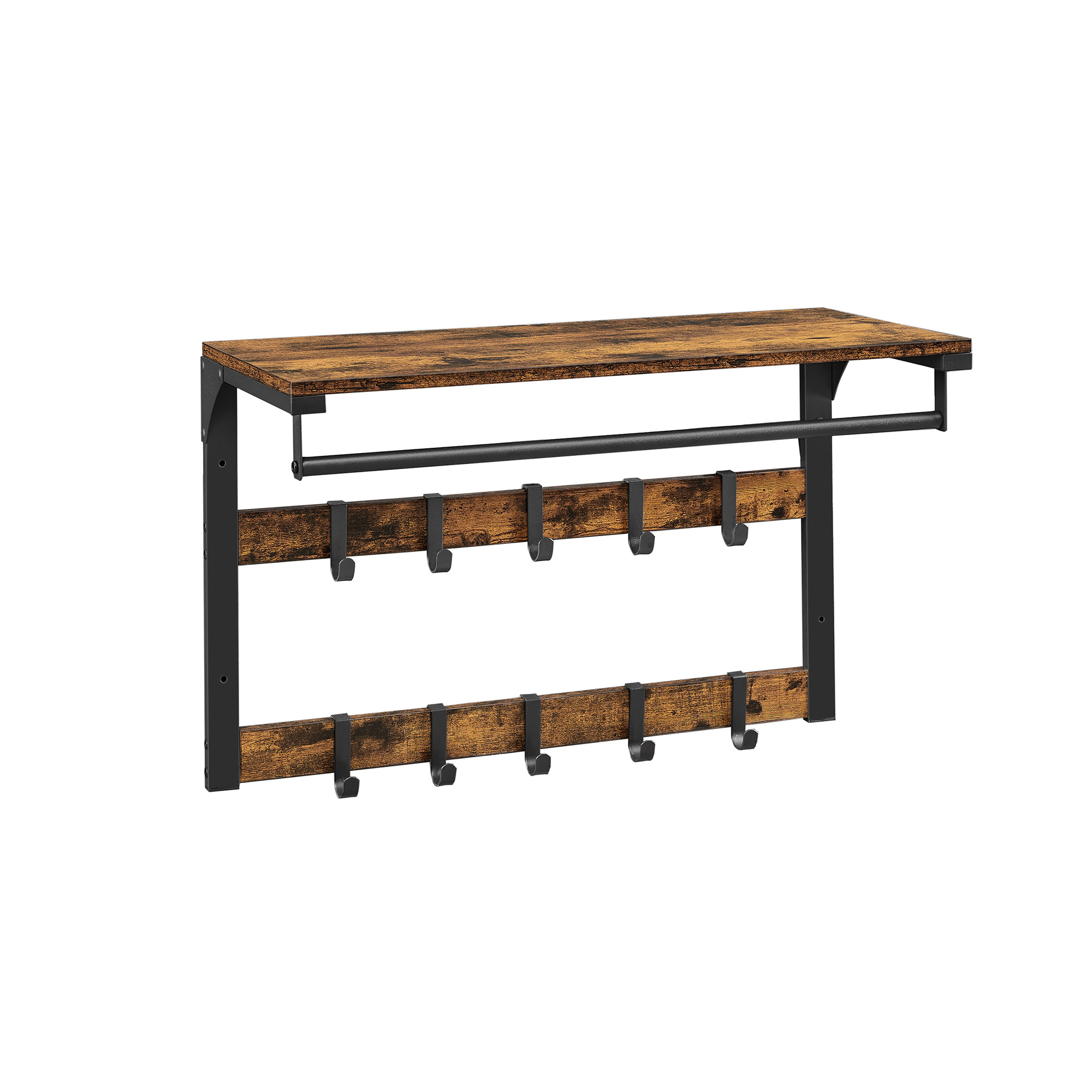 Hattehylle med klesstang og doble knaggrader – vintage brun/svart 65 × 30 × 42 cm