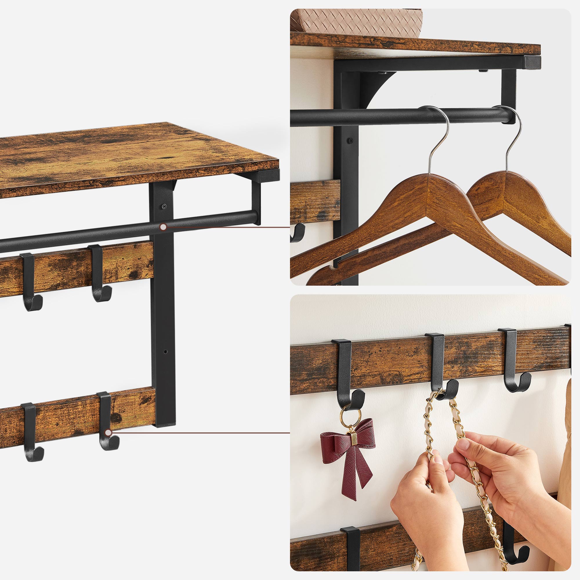 Hattehylle med klesstang og doble knaggrader – vintage brun/svart 65 × 30 × 42 cm