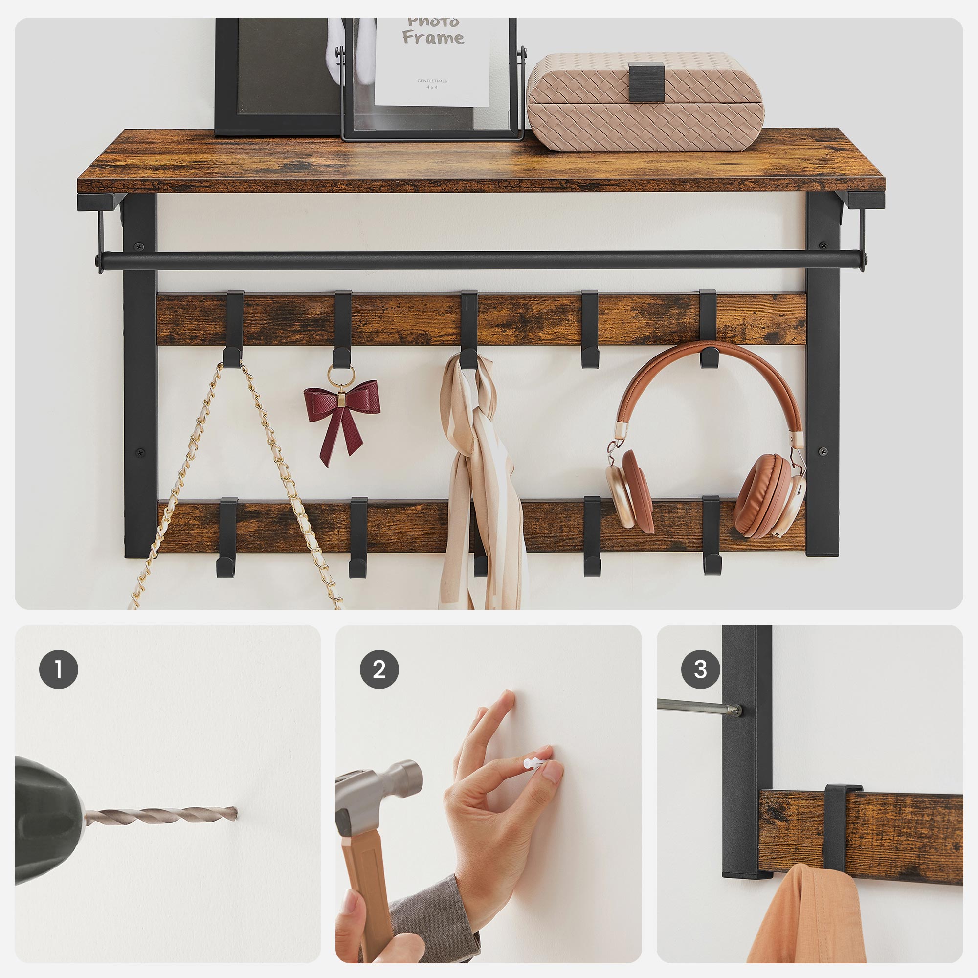 Hattehylle med klesstang og doble knaggrader – vintage brun/svart 65 × 30 × 42 cm