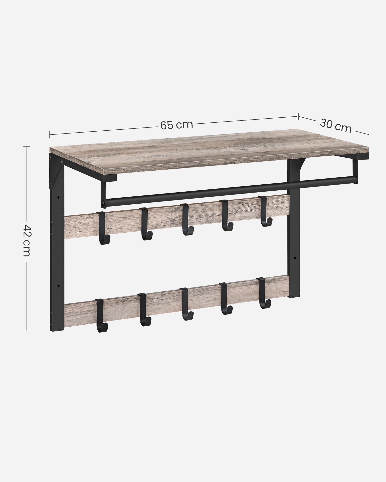 Industriell hattehylle med klesstang og doble knaggerader, greige, 65 × 30 × 42 cm