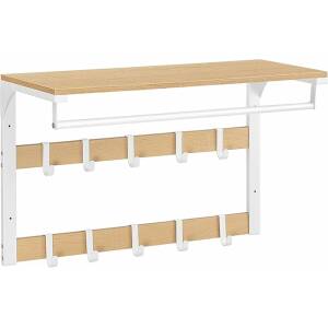 Hattehylle i industriell hvit eik – med klesstang og dobbel knaggrad, 65 × 30 × 42 cm