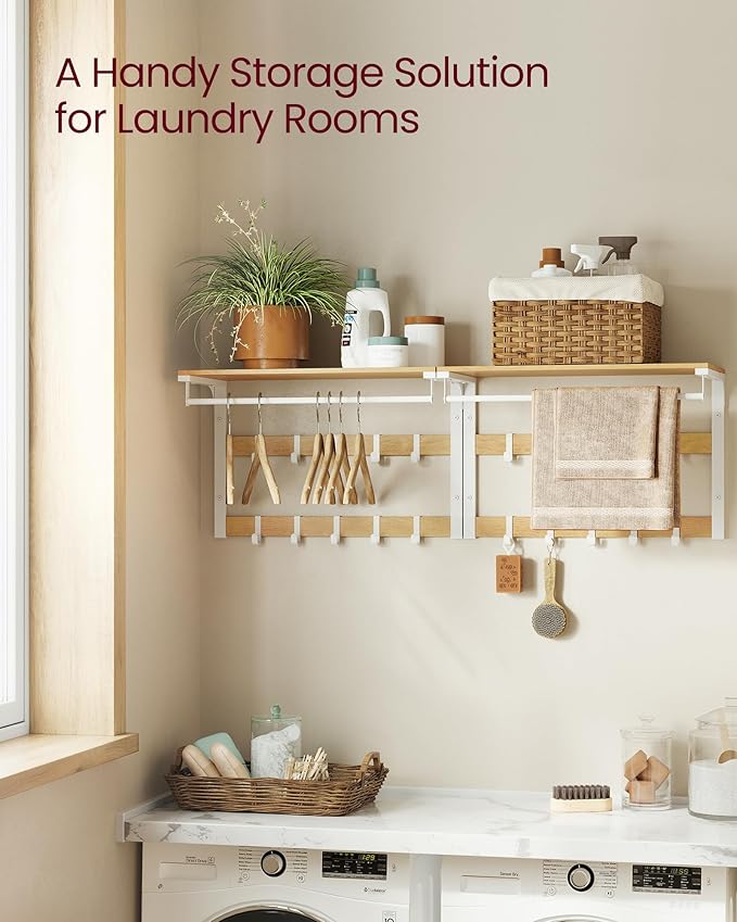 Hattehylle i industriell hvit eik – med klesstang og dobbel knaggrad, 65 × 30 × 42 cm