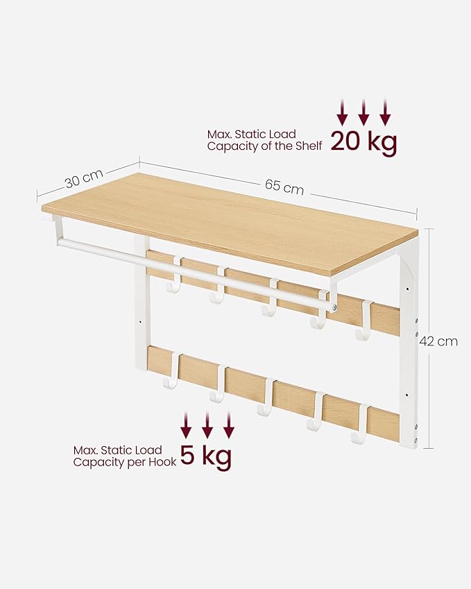 Hattehylle i industriell hvit eik – med klesstang og dobbel knaggrad, 65 × 30 × 42 cm