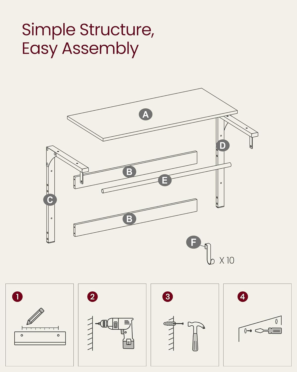 Hattehylle i industriell hvit eik – med klesstang og dobbel knaggrad, 65 × 30 × 42 cm