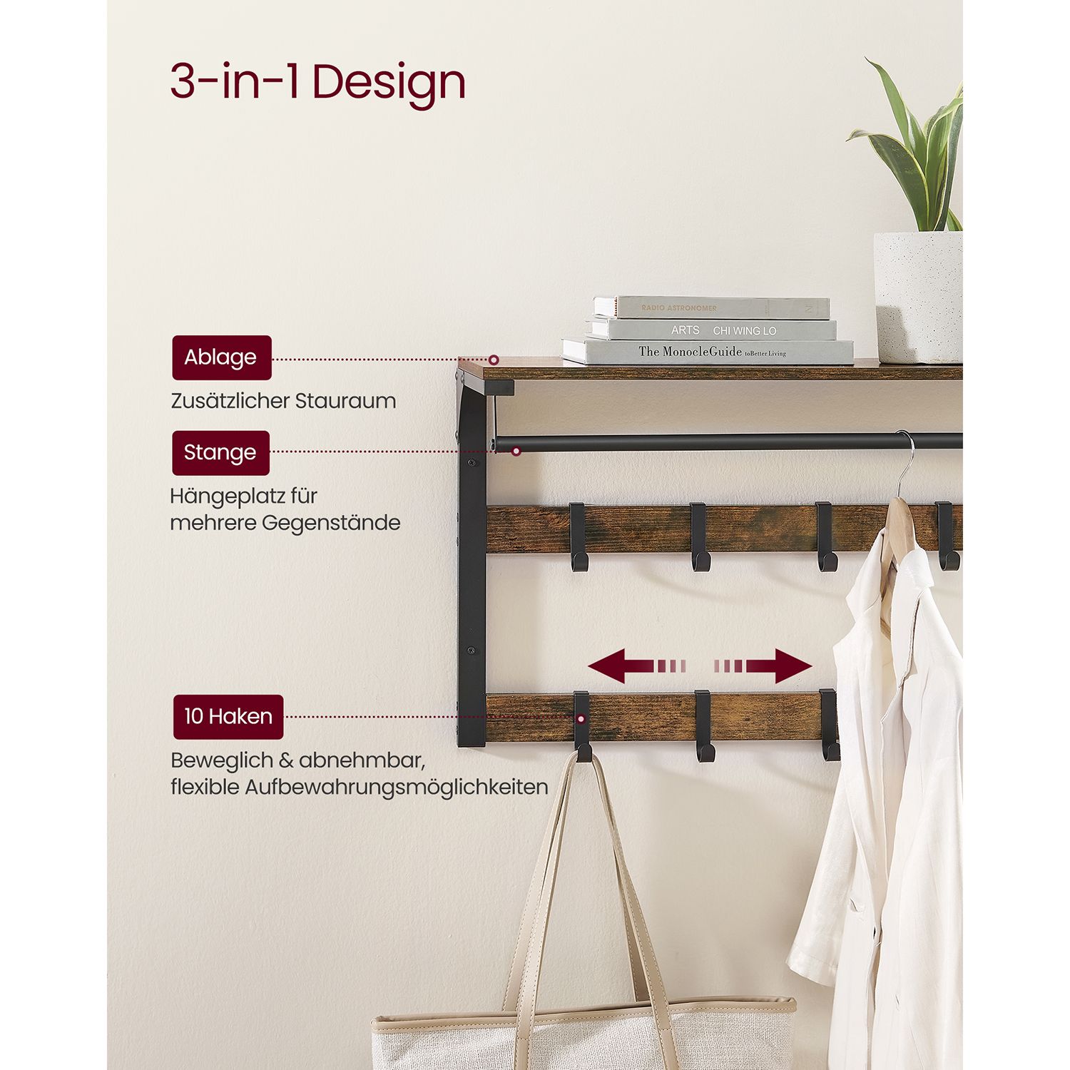 Hatthylle i vintagebrun med klesstang og 10 kroker (30 × 80 × 42 cm)