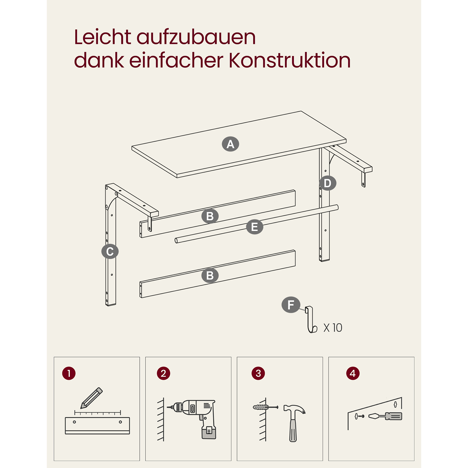 Hatthylle i vintagebrun med klesstang og 10 kroker (30 × 80 × 42 cm)