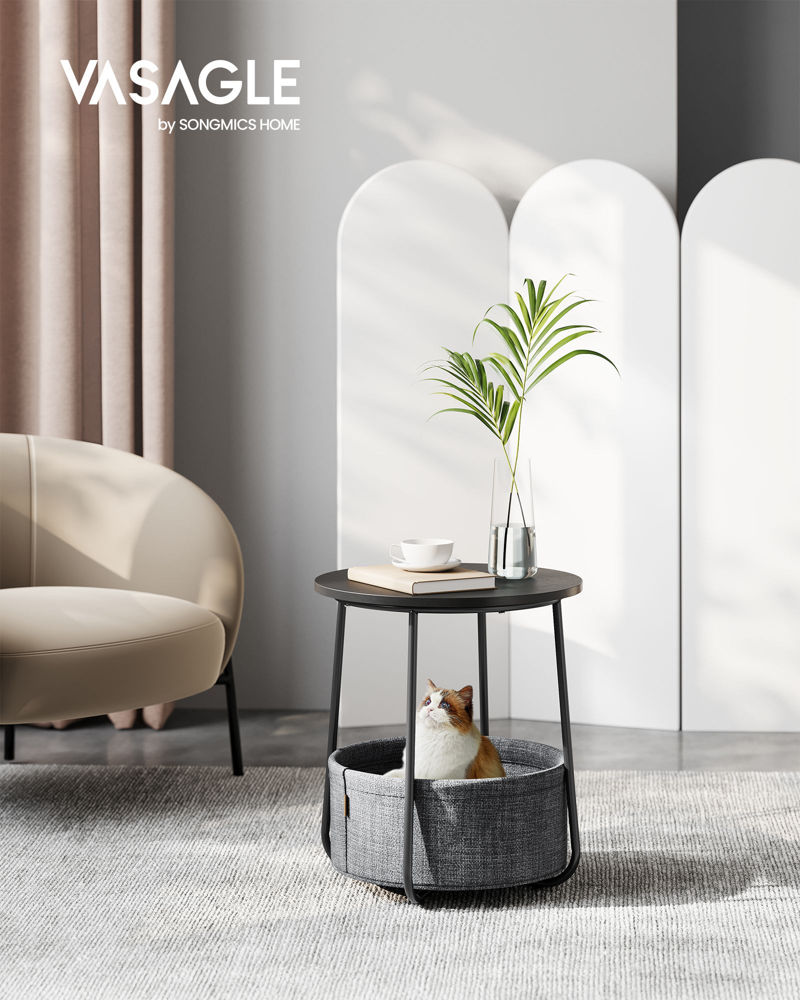 Rundt nattbord med stoffkurv – 50 cm, svart