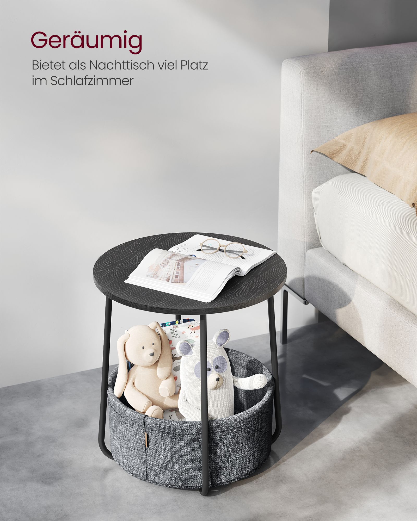 Rundt nattbord med stoffkurv – 50 cm, svart