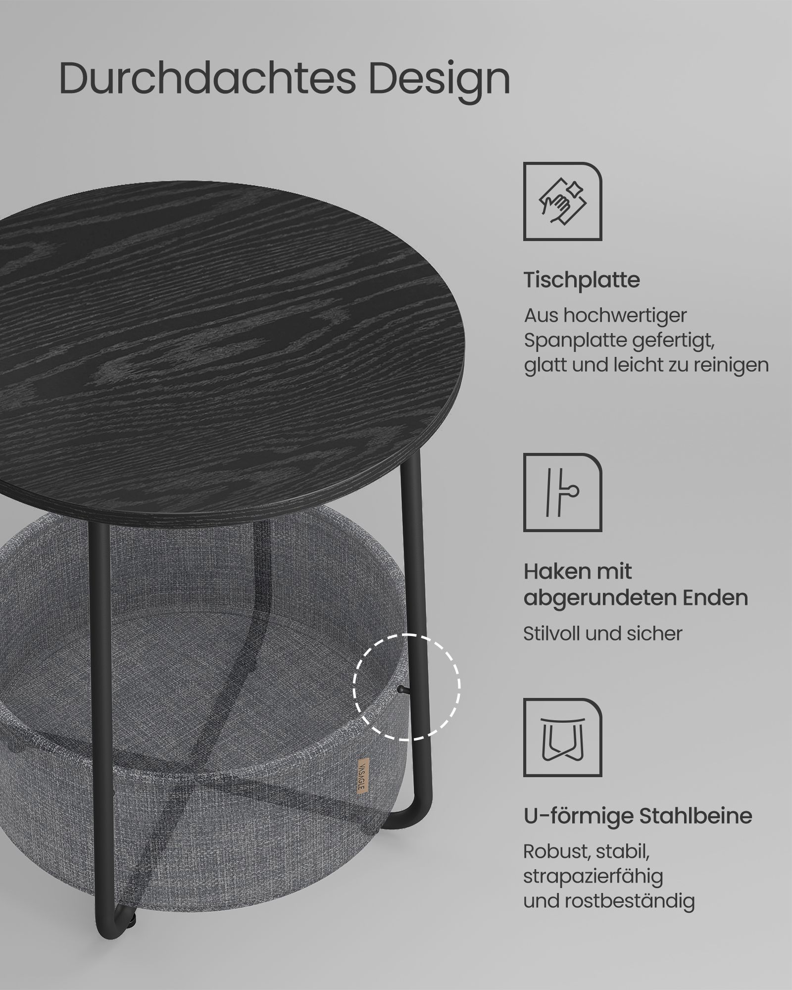 Rundt nattbord med stoffkurv – 50 cm, svart