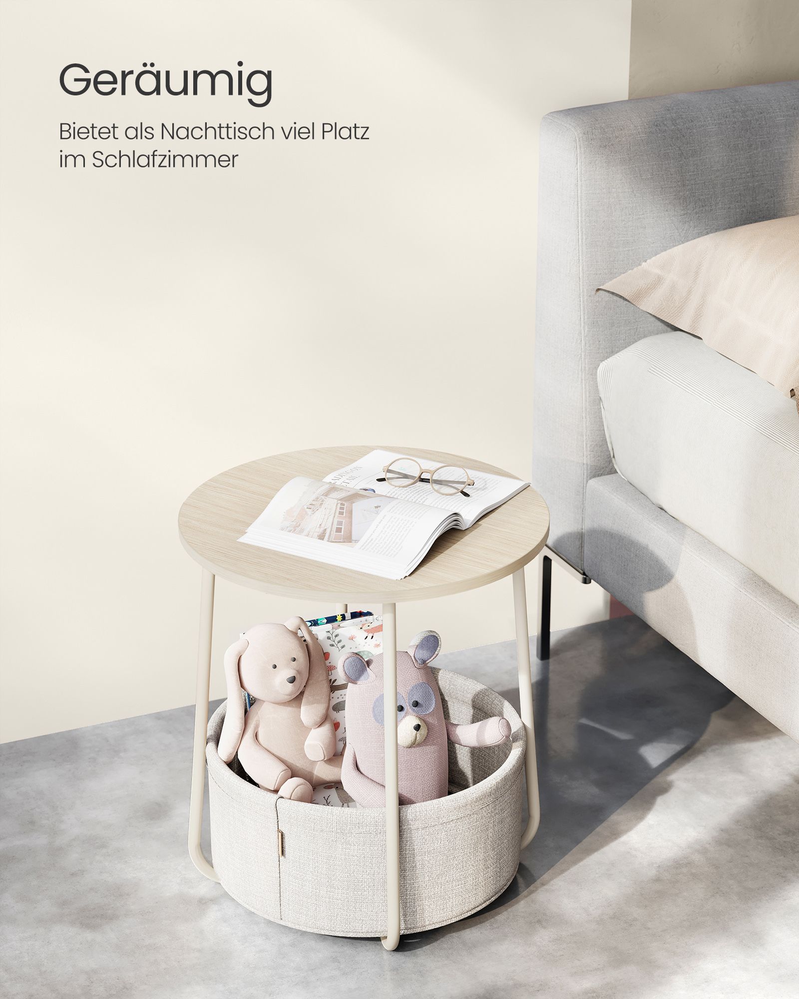 Rundt nattbord med stoffkurv – 50 cm, kremhvit