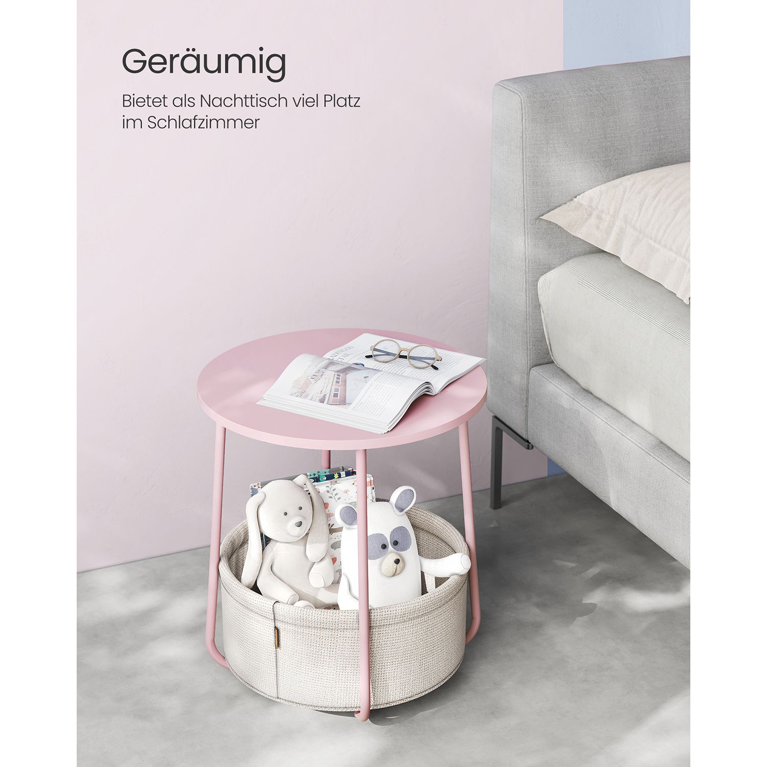 Sidebord med rund topp og tekstiloppbevaring, 50 cm, pastellrosa/offwhite