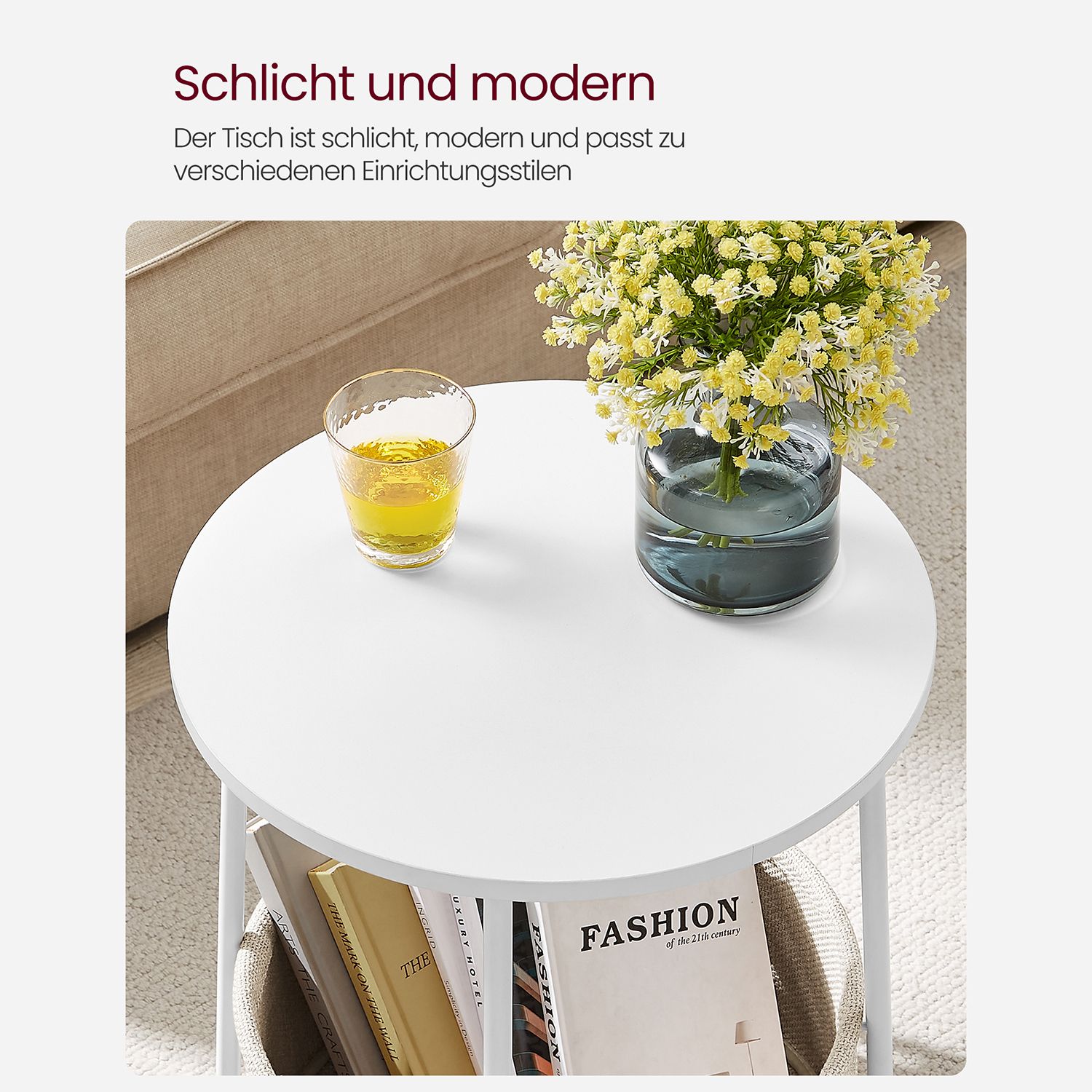 Rundt bord med stoffkurv til oppbevaring, 45 x 50 cm, hvit/beige