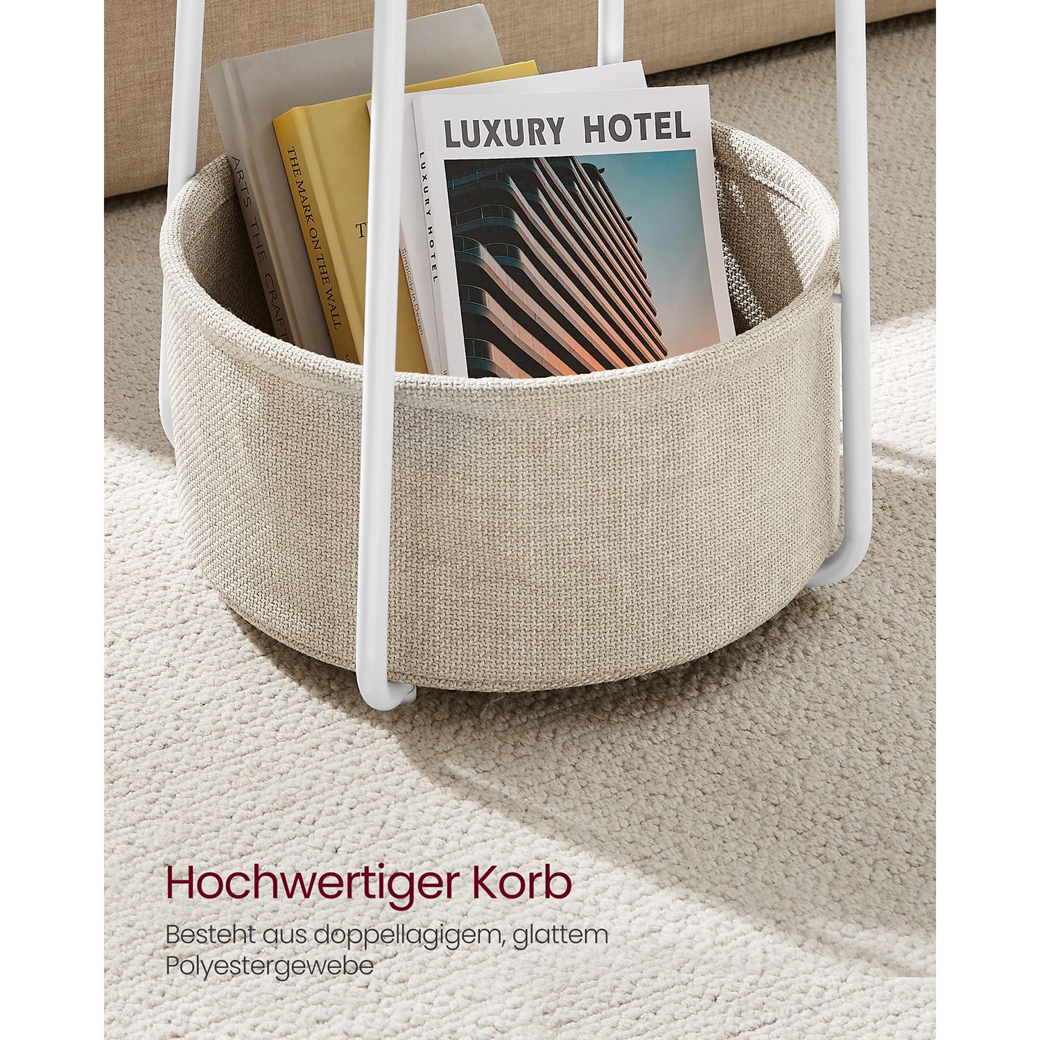 Rundt bord med stoffkurv til oppbevaring, 45 x 50 cm, hvit/beige