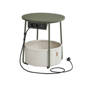 Rundt nattbord/sidebord med stikkontakt, USB-lader og tøykurv – 45 cm, grønn/kremhvit