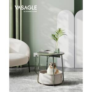 Rundt nattbord/sidebord med stikkontakt, USB-lader og tøykurv – 45 cm, grønn/kremhvit