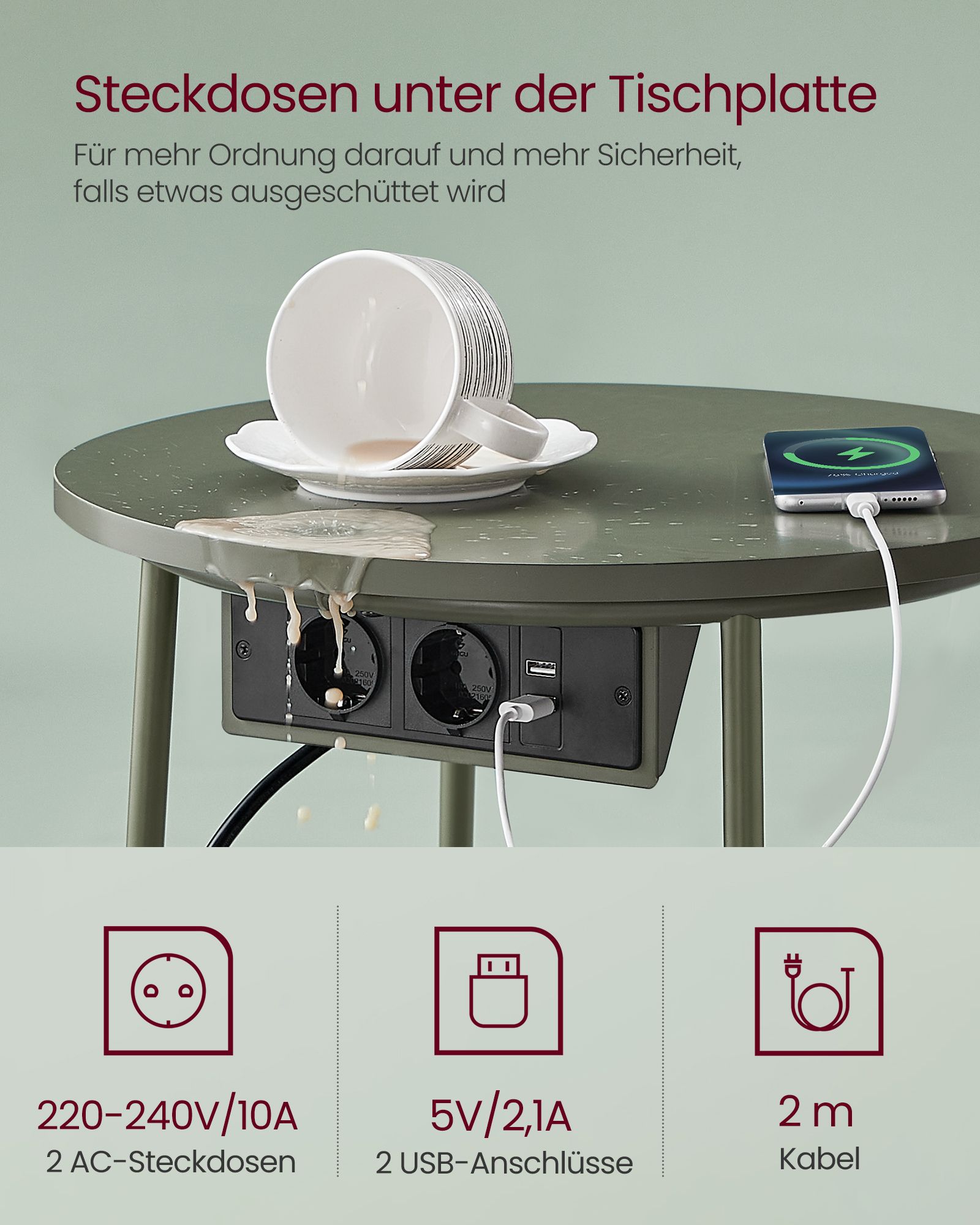 Rundt nattbord/sidebord med stikkontakt, USB-lader og tøykurv – 45 cm, grønn/kremhvit