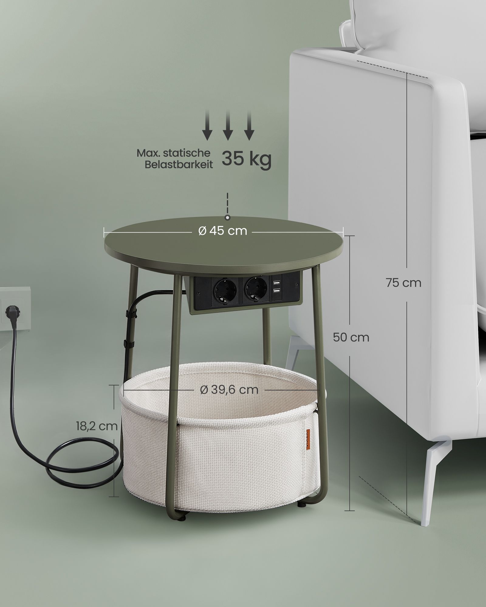 Rundt nattbord/sidebord med stikkontakt, USB-lader og tøykurv – 45 cm, grønn/kremhvit