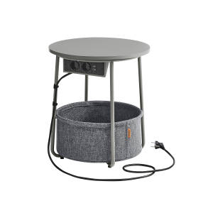 Rundt nattbord/sidebord med stikkontakt, USB-lader og tøykurv – 45 cm, grå