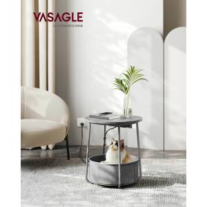 Rundt nattbord/sidebord med stikkontakt, USB-lader og tøykurv – 45 cm, grå