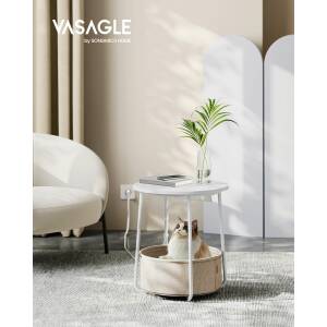 Rundt nattbord/sidebord med stikkontakt, USB-lader og tøykurv – 45 cm, hvit/beige