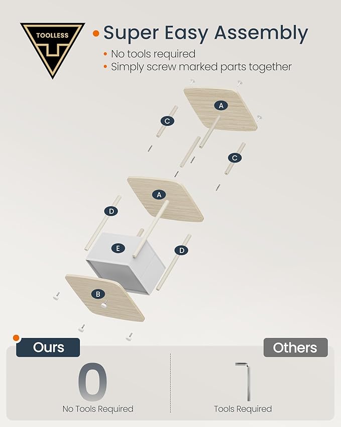 Beige sidebord 30 × 34 × 58 cm med stoffskuff og 3 hyller