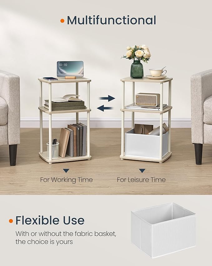 Beige sidebord 30 × 34 × 58 cm med stoffskuff og 3 hyller