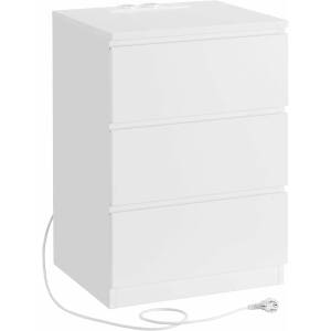 Nattbord med 3 skuffer og ladestasjon – USB + stikkontakt, 40 × 35 × 59 cm, skyhvit