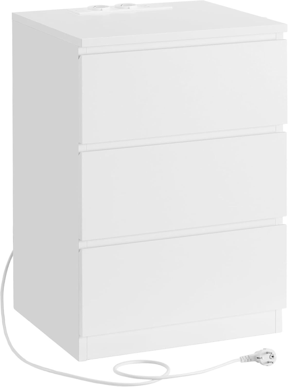 Nattbord med 3 skuffer og ladestasjon – USB + stikkontakt, 40 × 35 × 59 cm, skyhvit