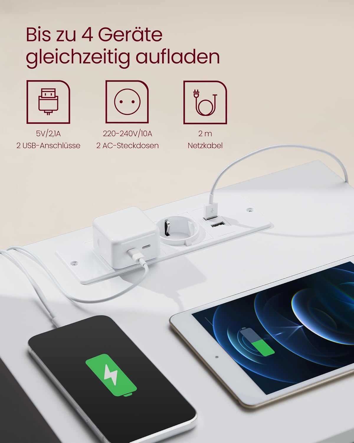 Nattbord med 3 skuffer og ladestasjon – USB + stikkontakt, 40 × 35 × 59 cm, skyhvit