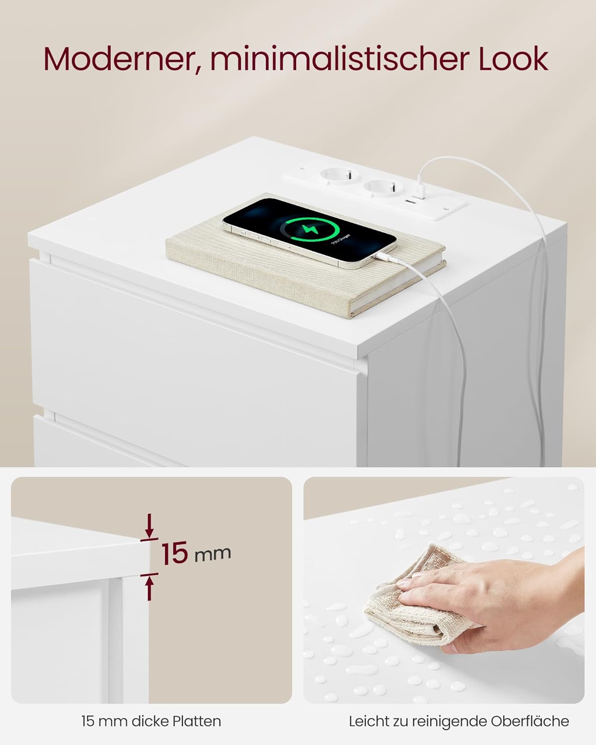 Nattbord med 3 skuffer og ladestasjon – USB + stikkontakt, 40 × 35 × 59 cm, skyhvit