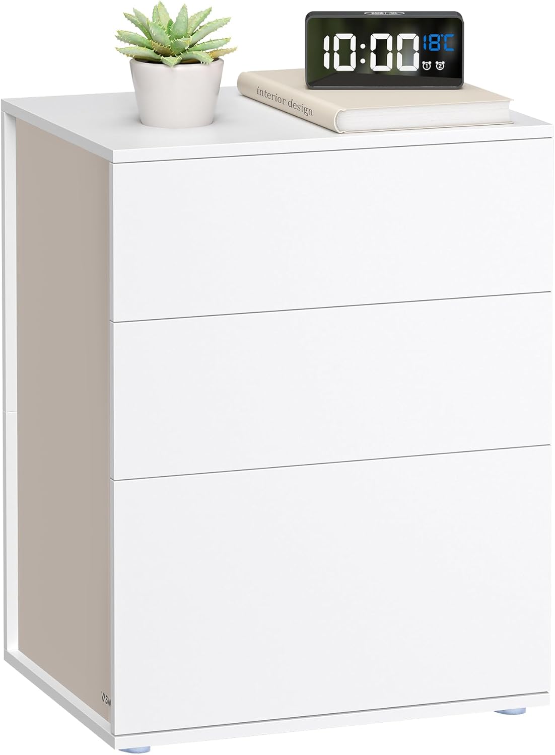 Nattbord i tofarget design – 3 skuffer, matt hvit og cappuccino-beige