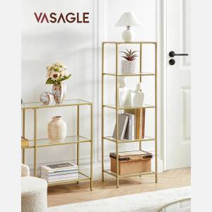 Elegant bokhylle i glass med gullfarget ramme, 5 hyller – 40 x 30 x 124,5 cm
