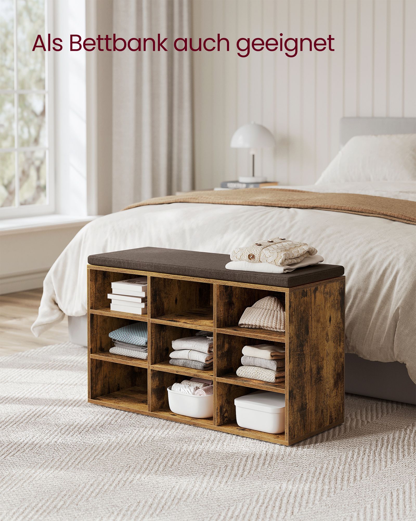 Vintage brun entrébenk med skofag – 9 par, 78 x 30 x 48 cm