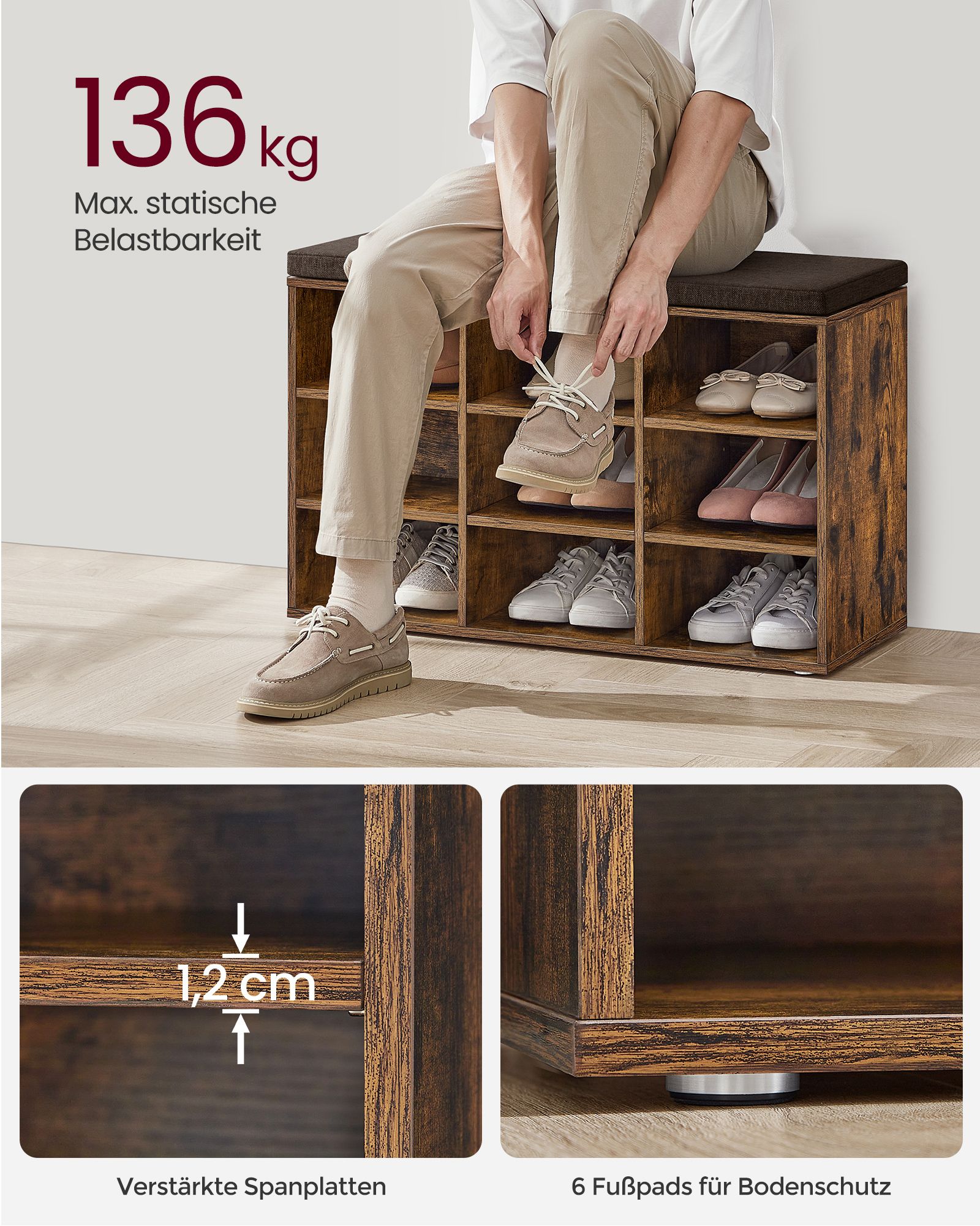 Vintage brun entrébenk med skofag – 9 par, 78 x 30 x 48 cm