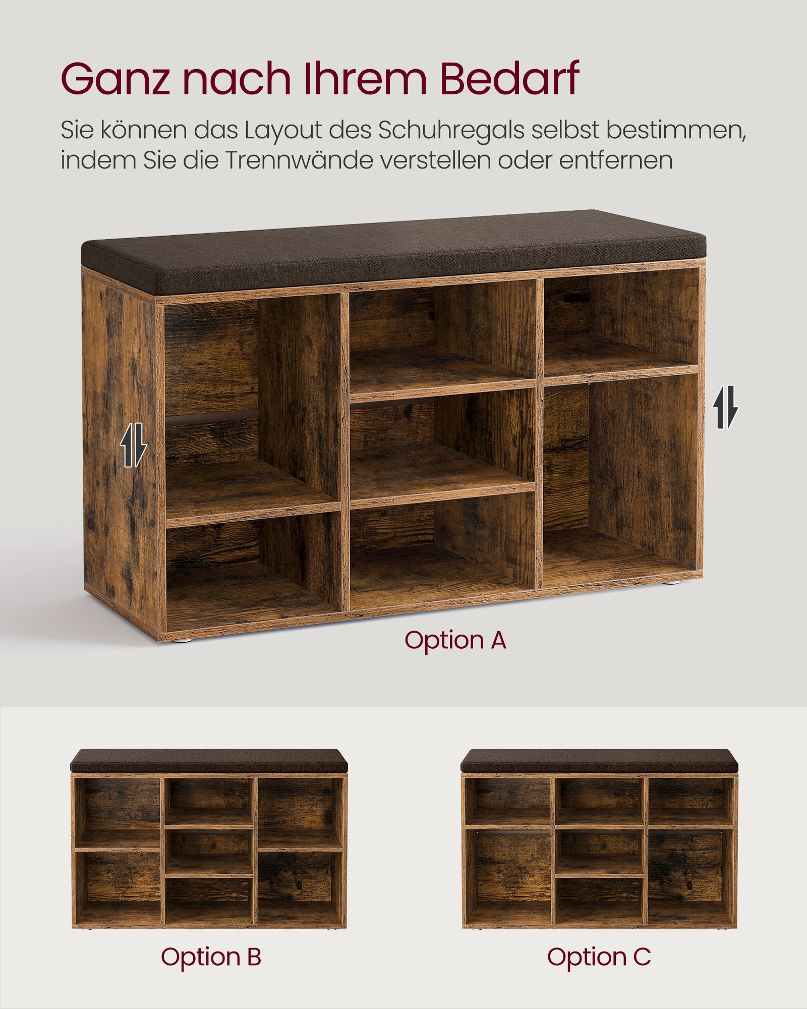 Vintage brun entrébenk med skofag – 9 par, 78 x 30 x 48 cm