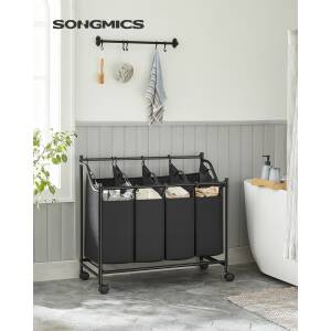 Svart skittentøysvogn med 4 avtakbare stoffposer – 4 × 35 L