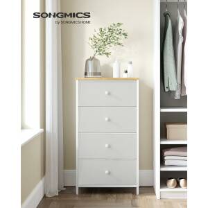 Oppbevaringskommode med 4 stoffskuffer – hvit/eik, 30 × 45 × 92 cm