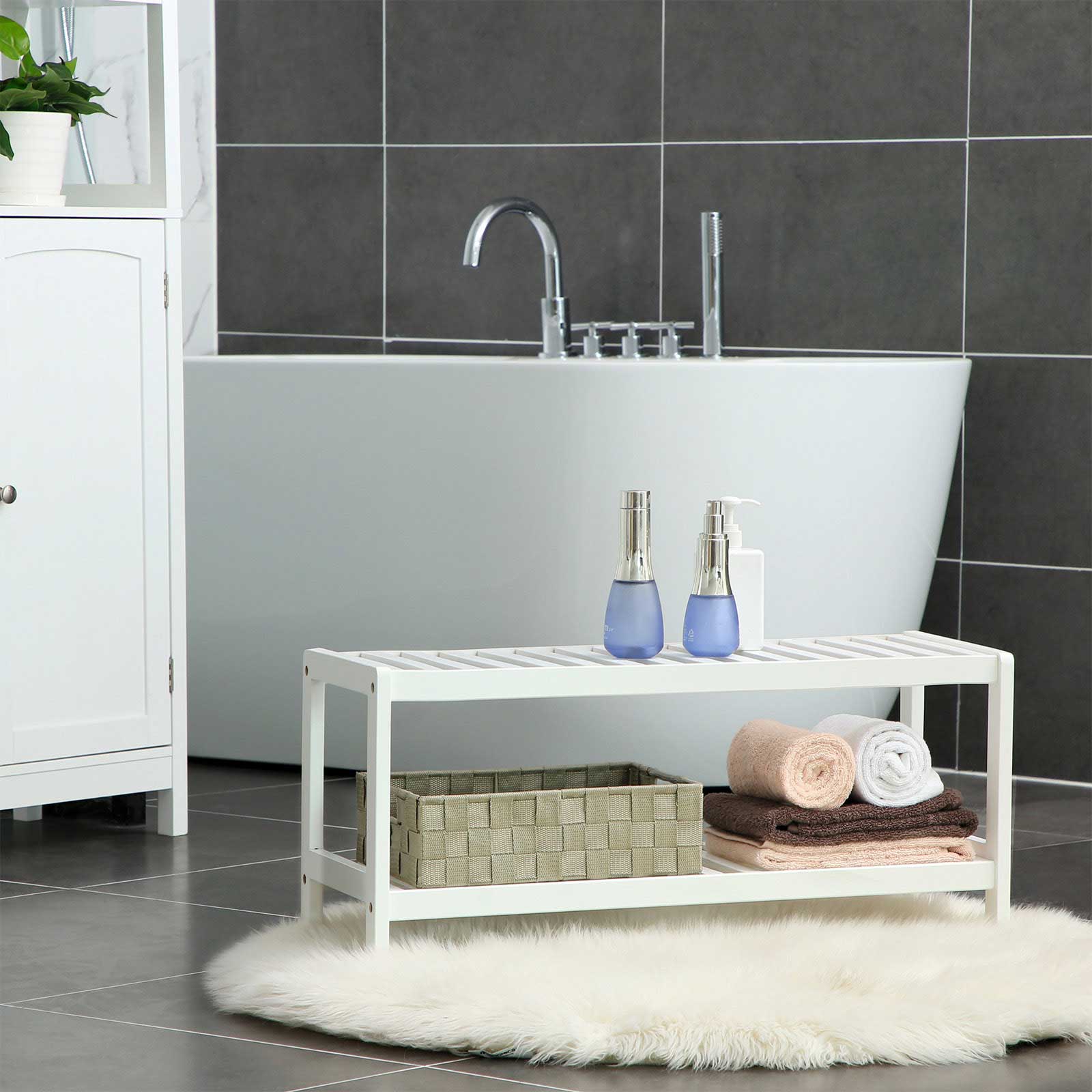 Bambus skohylle og oppbevaringshylle, hvit, 2 plan, 70 × 26 × 33 cm