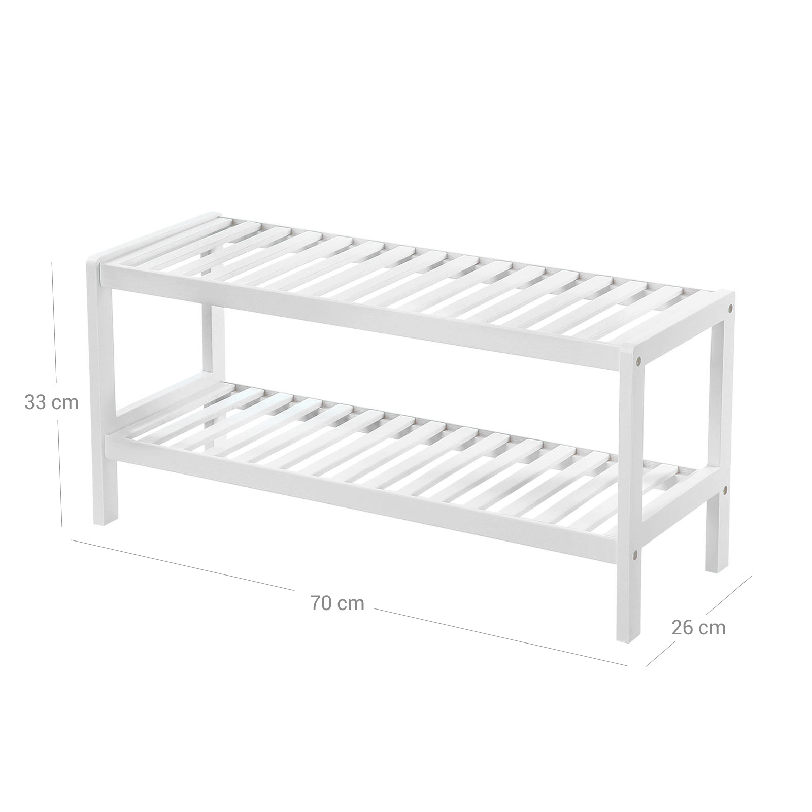 Bambus skohylle og oppbevaringshylle, hvit, 2 plan, 70 × 26 × 33 cm