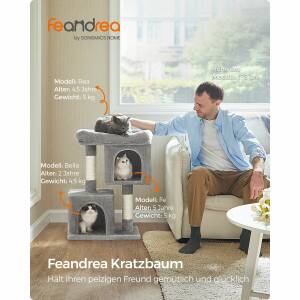 Kloretre i lysegrått, 74 cm – med 2 huler, katteseng og klorestolpe