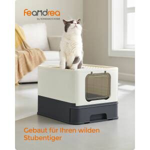 Sammenleggbar kattetoalett med lokk i beige/svart – 54,5 × 42,5 × 37,7 cm, med spade og børste