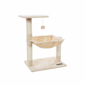 Beige klorestativ med sisalsøyler, kattehule, plattform og lekeball – 50 × 36 × 70 cm