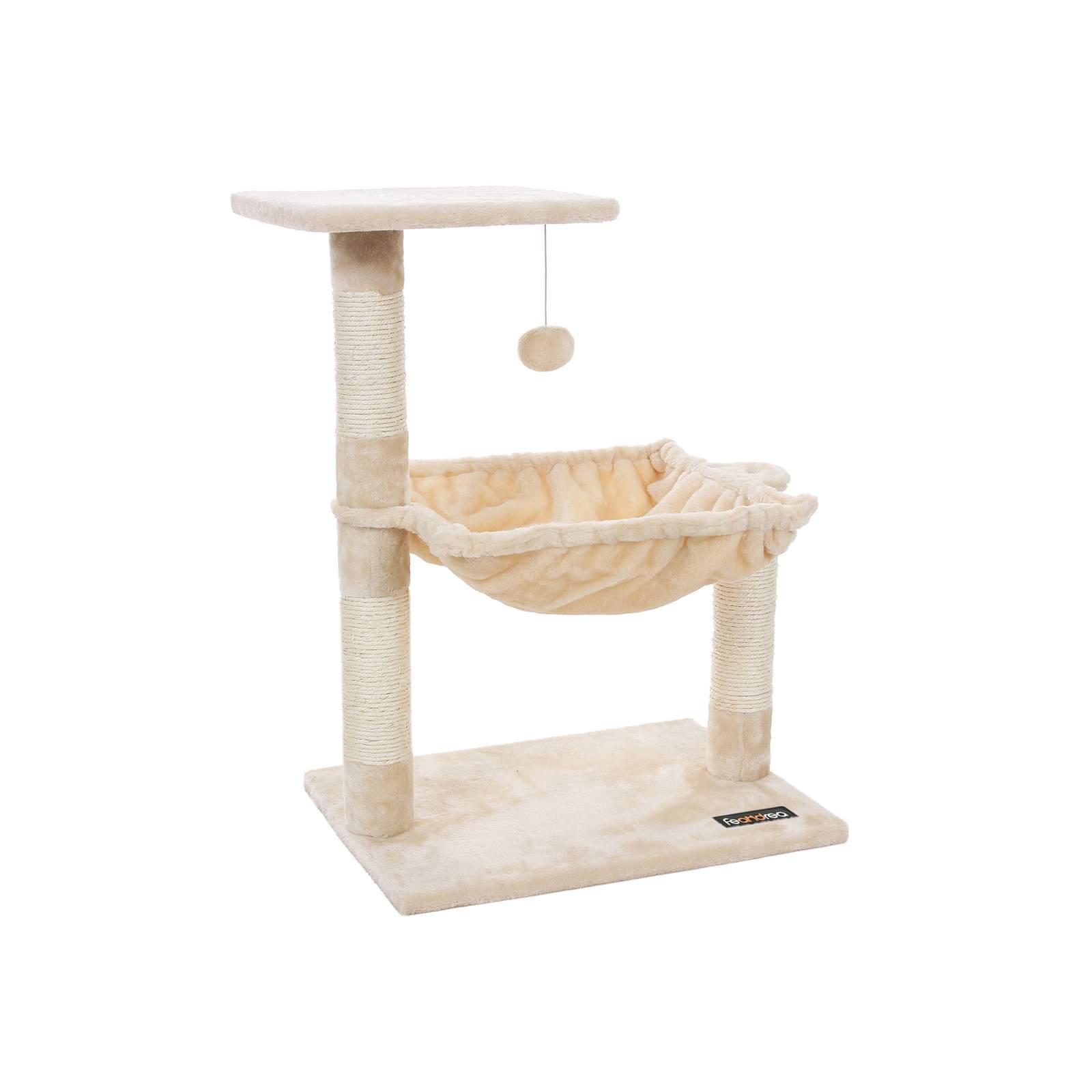 Beige klorestativ med sisalsøyler, kattehule, plattform og lekeball – 50 × 36 × 70 cm