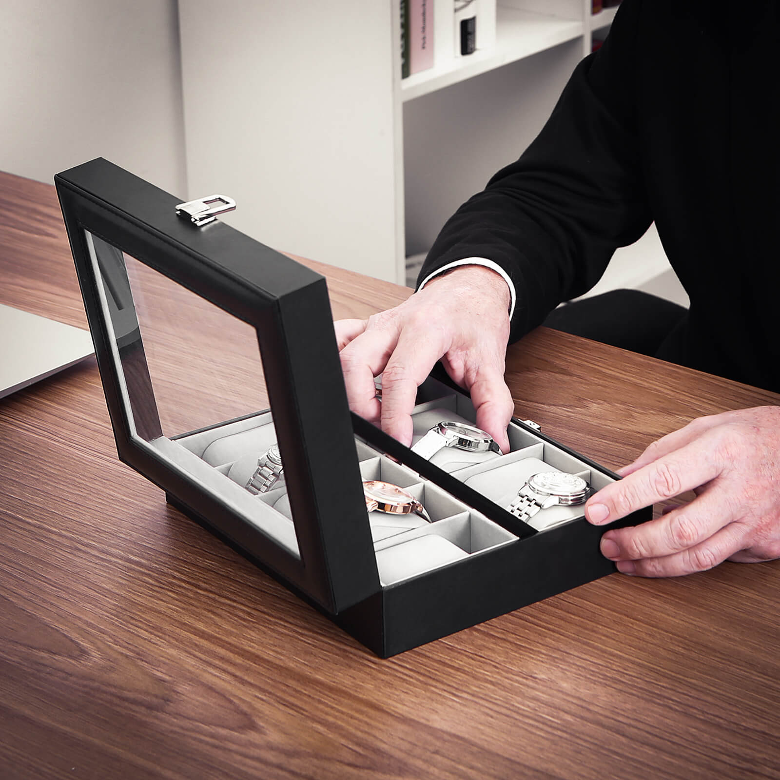 Klocklåda med glaslock och 10 fack – elegant förvaring för 10 klockor