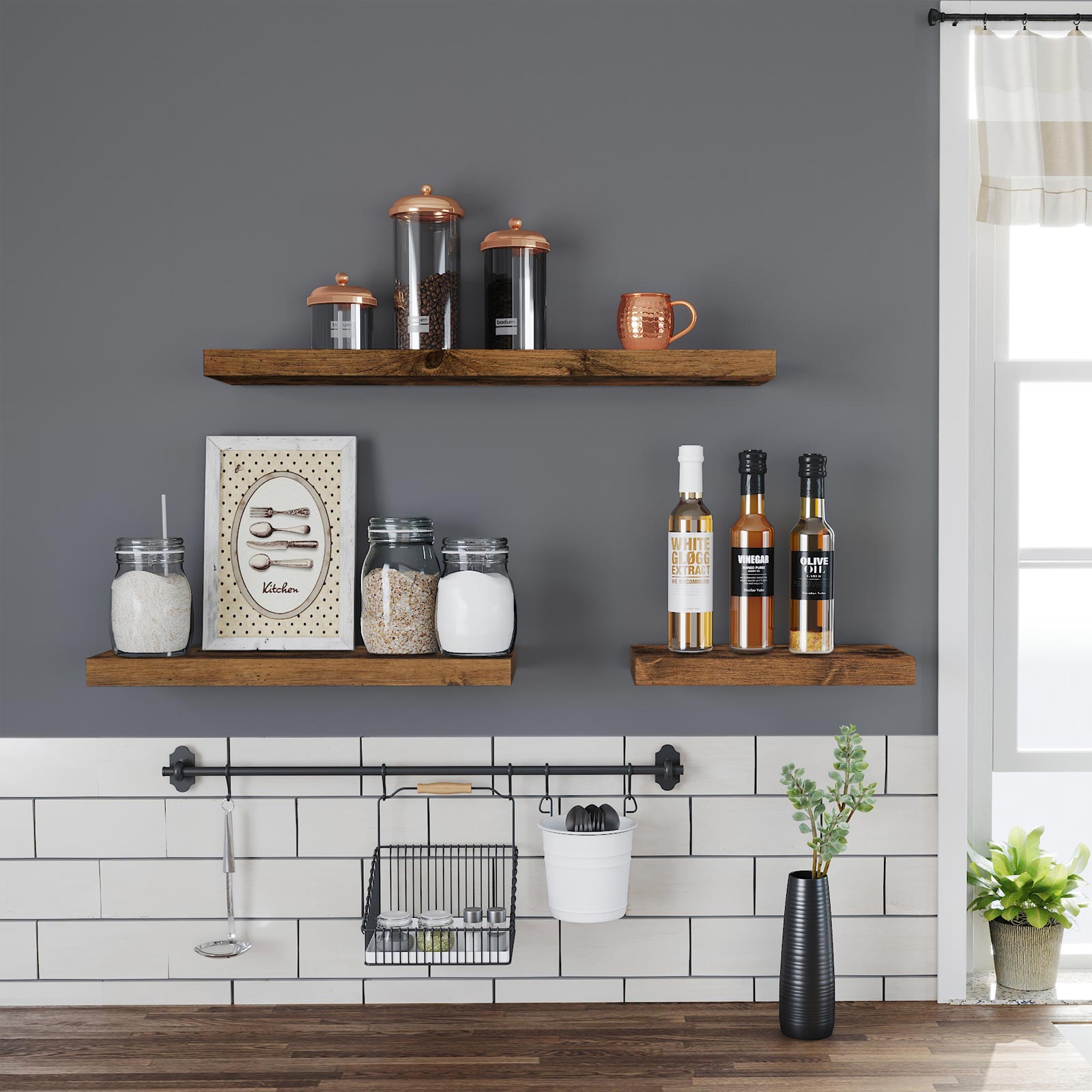 Vegghylle 60 × 20 × 3,8 cm med skjult oppheng – vintage brun hylleplate