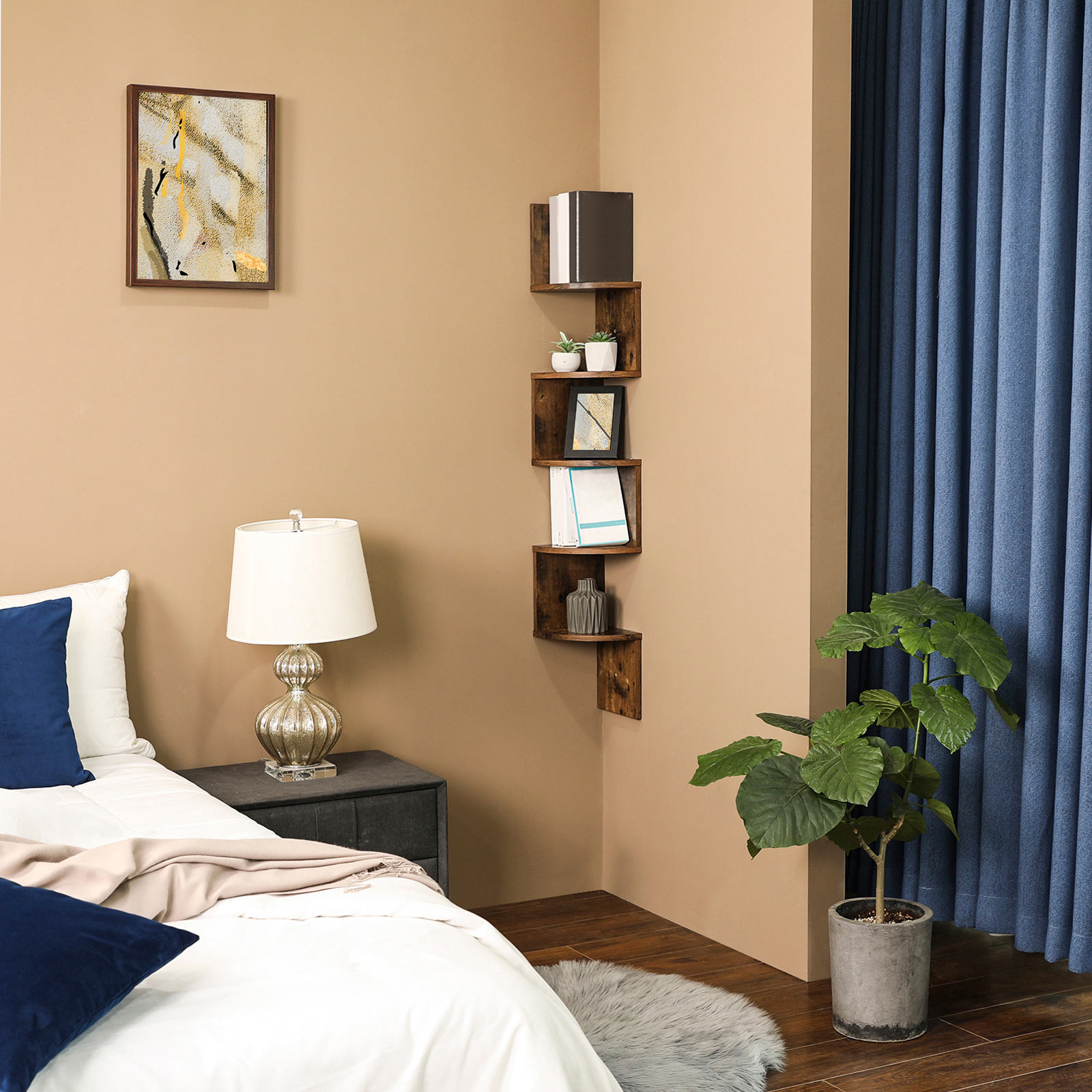 Sikksakk hjørnehylle til vegg, 5 nivåer – vintage brun-svart