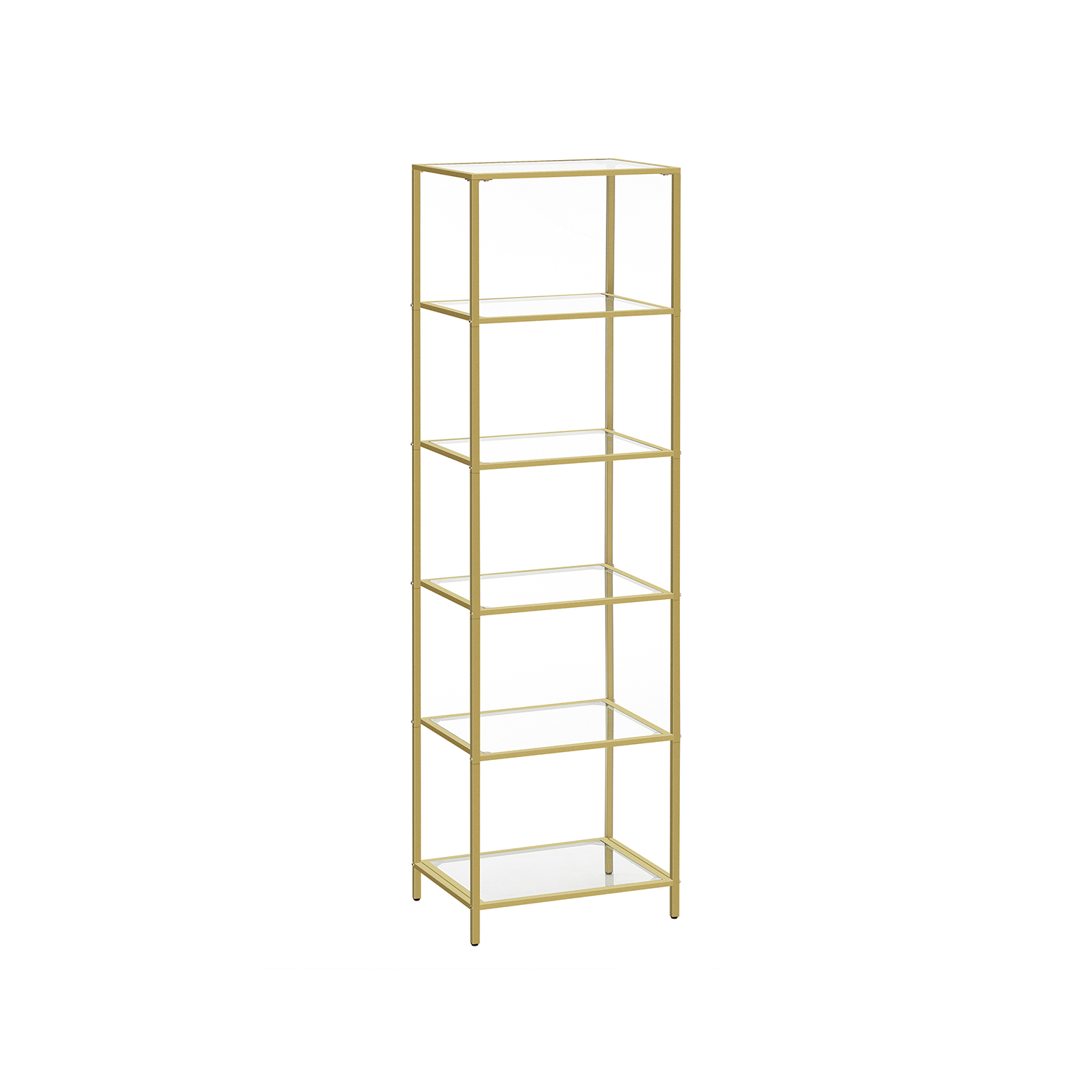 Elegant gullbokhylle med glasshyller – 6 nivåer, 30 × 40 × 177 cm